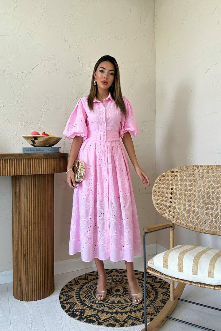 ELS Toptan Pembe Pileli Balon Kol Elbise - Gap