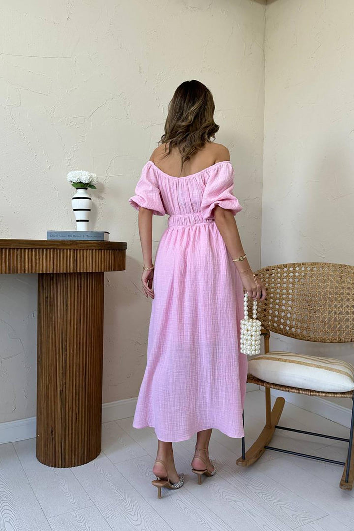 ELS Toptan Pembe Yakası Büzgülü Müslin Keten Elbise - Kaneohe