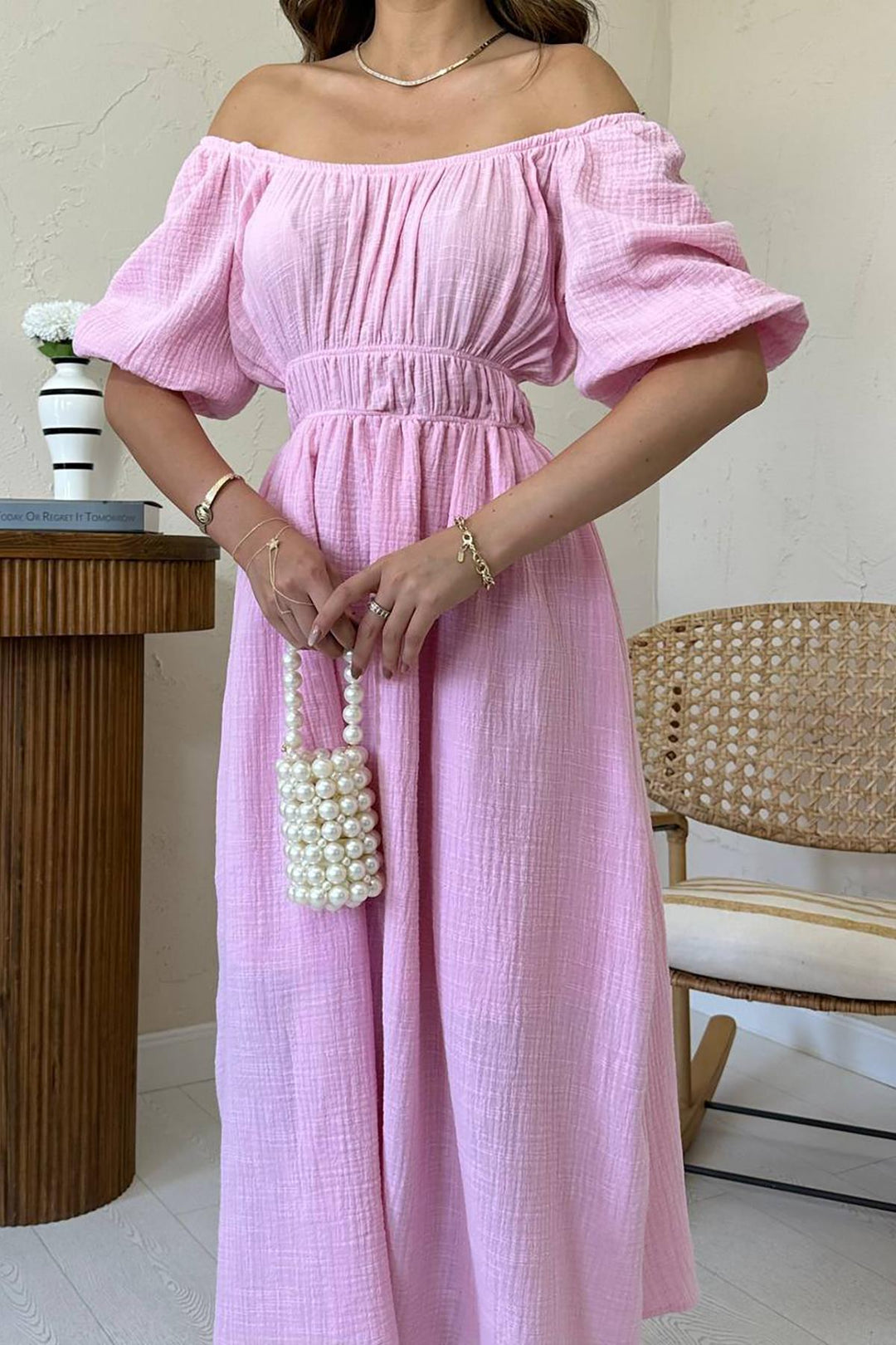 ELS Toptan Pembe Yakası Büzgülü Müslin Keten Elbise - Kaneohe