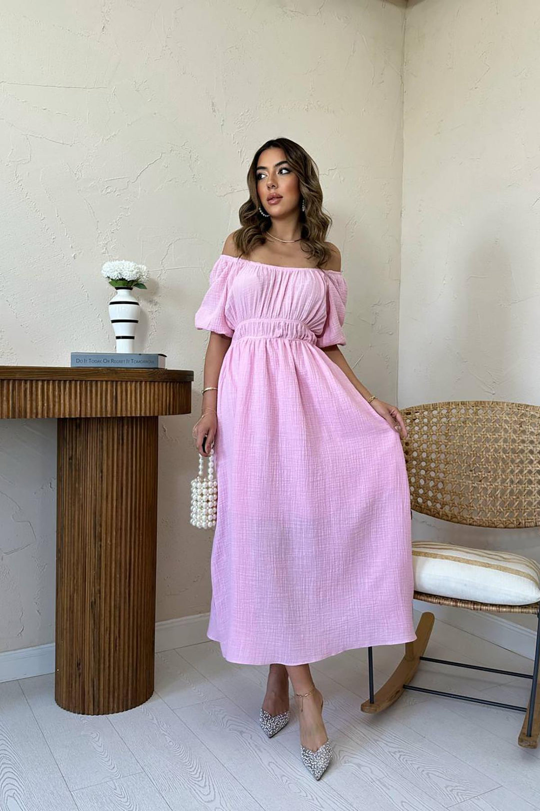 ELS Toptan Pembe Yakası Büzgülü Müslin Keten Elbise - Kaneohe