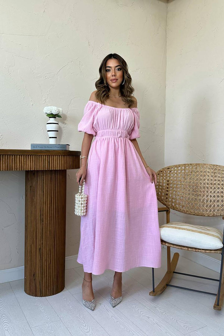 ELS Toptan Pembe Yakası Büzgülü Müslin Keten Elbise - Kaneohe