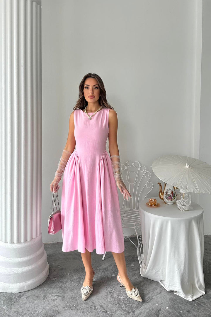 ELS Toptan Pembe Yanları Büzgülü Midi Boy Keten Elbise - Lowestoft