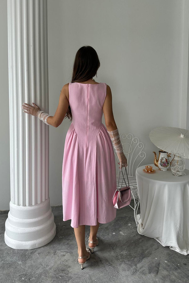 ELS Toptan Pembe Yanları Büzgülü Midi Boy Keten Elbise - Lowestoft