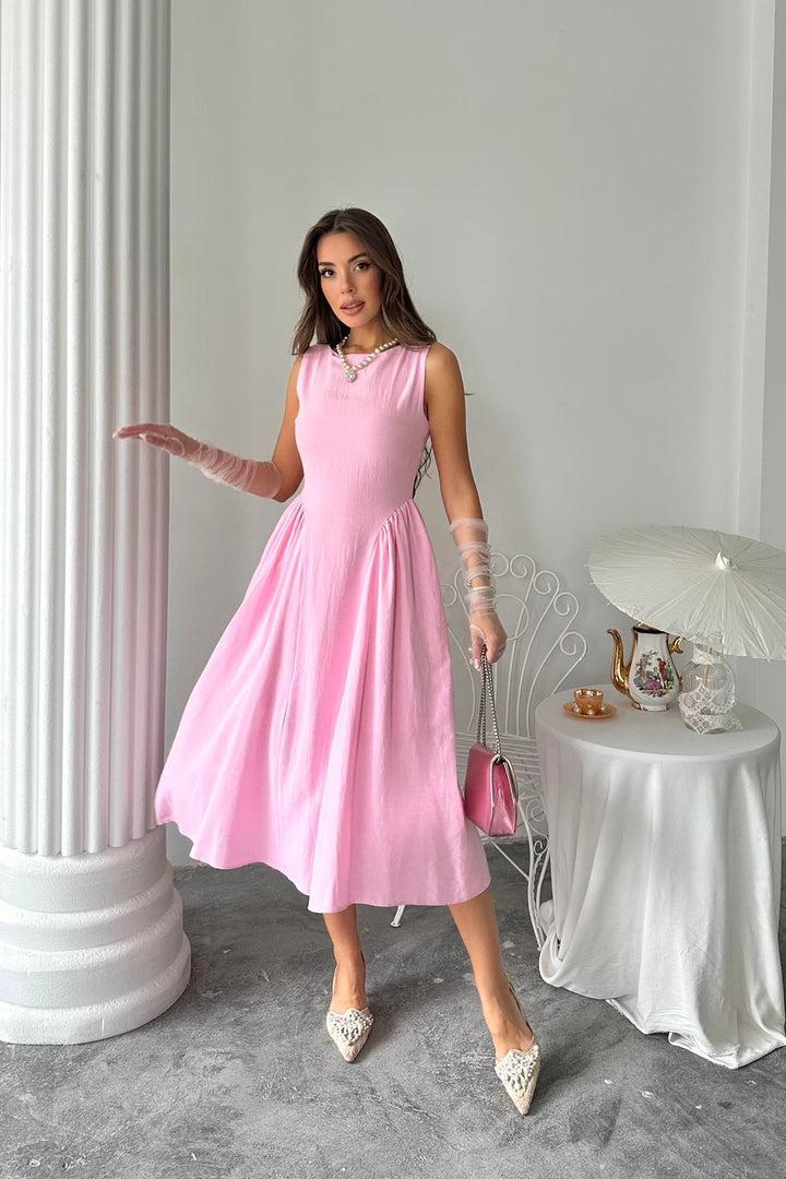 ELS Toptan Pembe Yanları Büzgülü Midi Boy Keten Elbise - Lowestoft