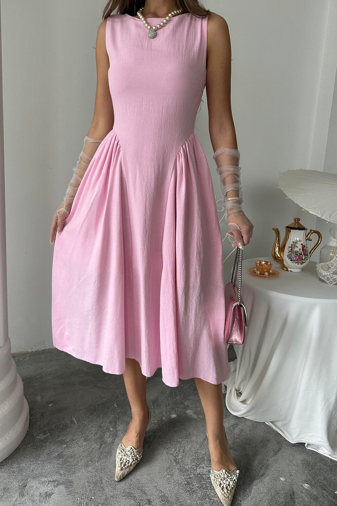 ELS Toptan Pembe Yanları Büzgülü Midi Boy Keten Elbise - Lowestoft