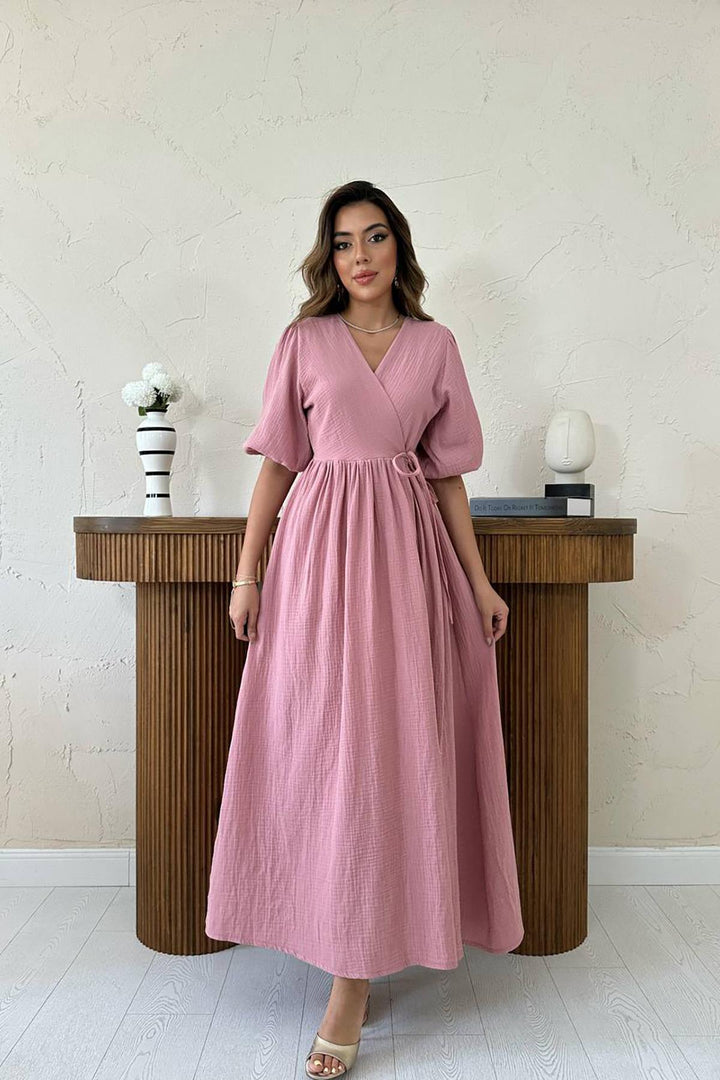 ELS Toptan Pudra Müslin Uzun Elbise - Valrico