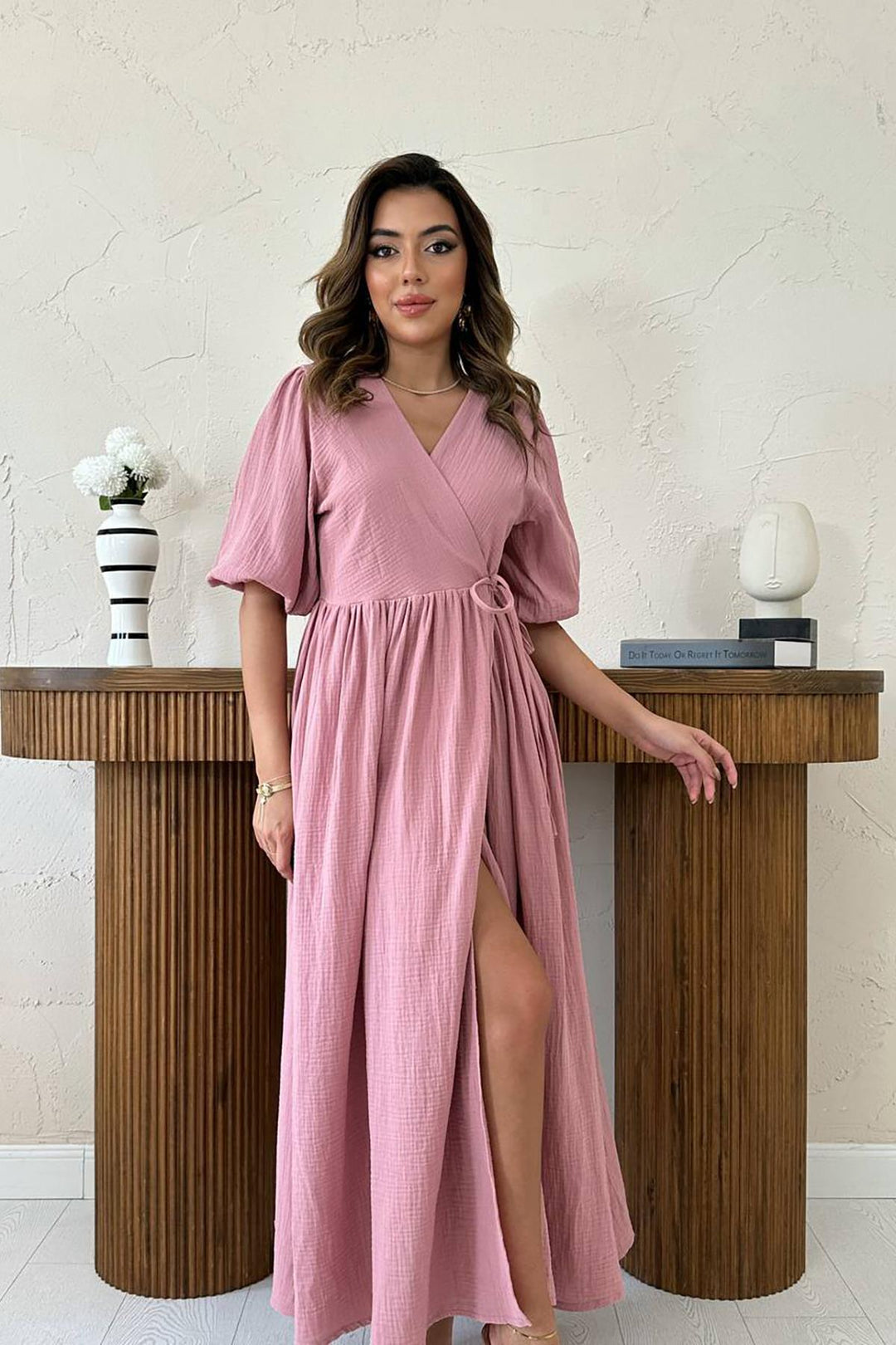 ELS Toptan Pudra Müslin Uzun Elbise - Valrico