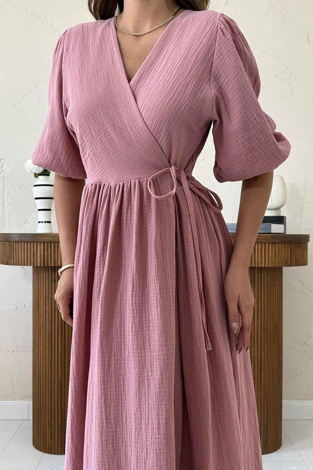 ELS Toptan Pudra Müslin Uzun Elbise - Valrico