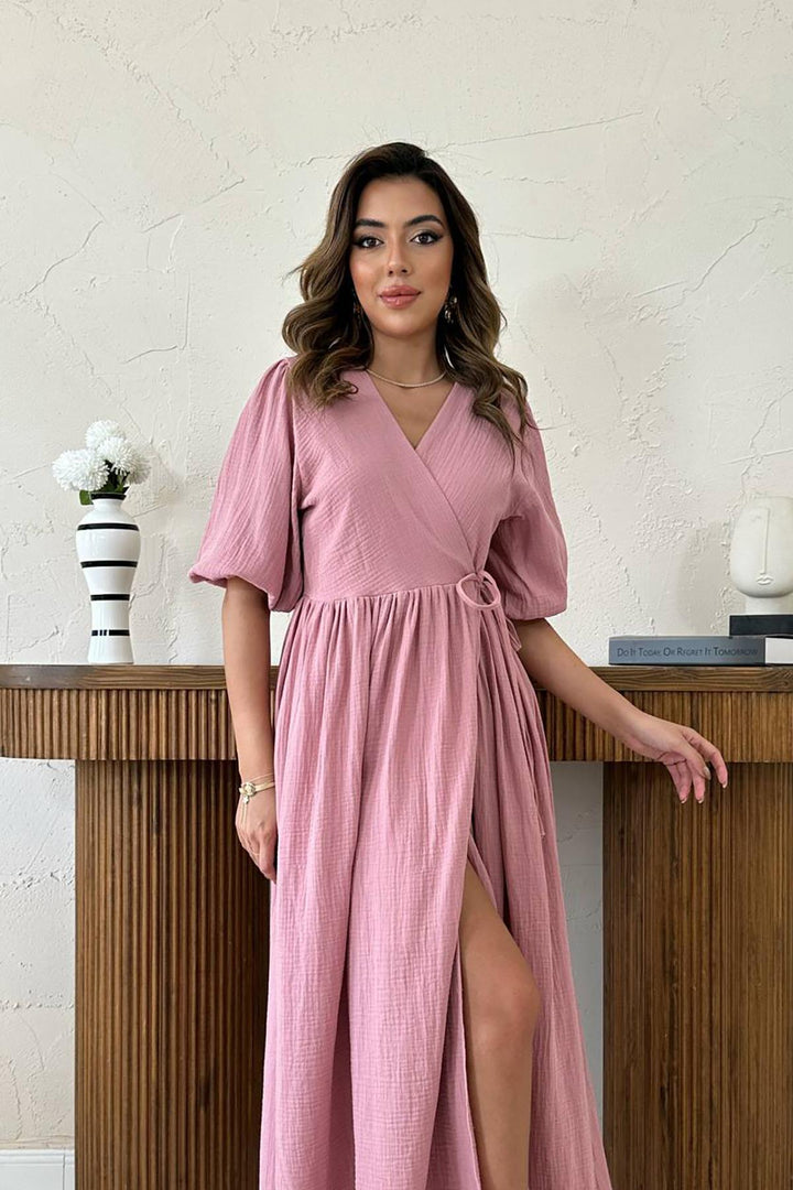 ELS Toptan Pudra Müslin Uzun Elbise - Valrico