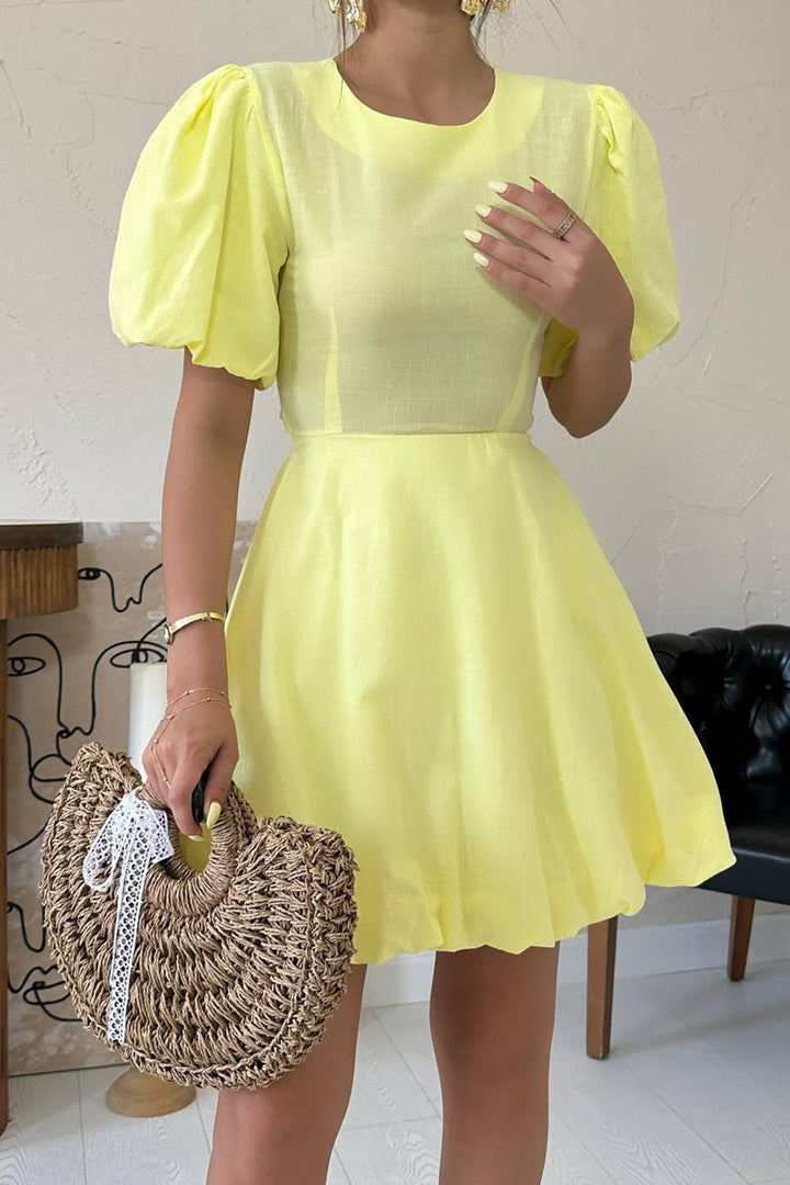 ELS Toptan Sarı Arkadan Bağlamalı Keten Elbise - Ciudad Benito Juárez