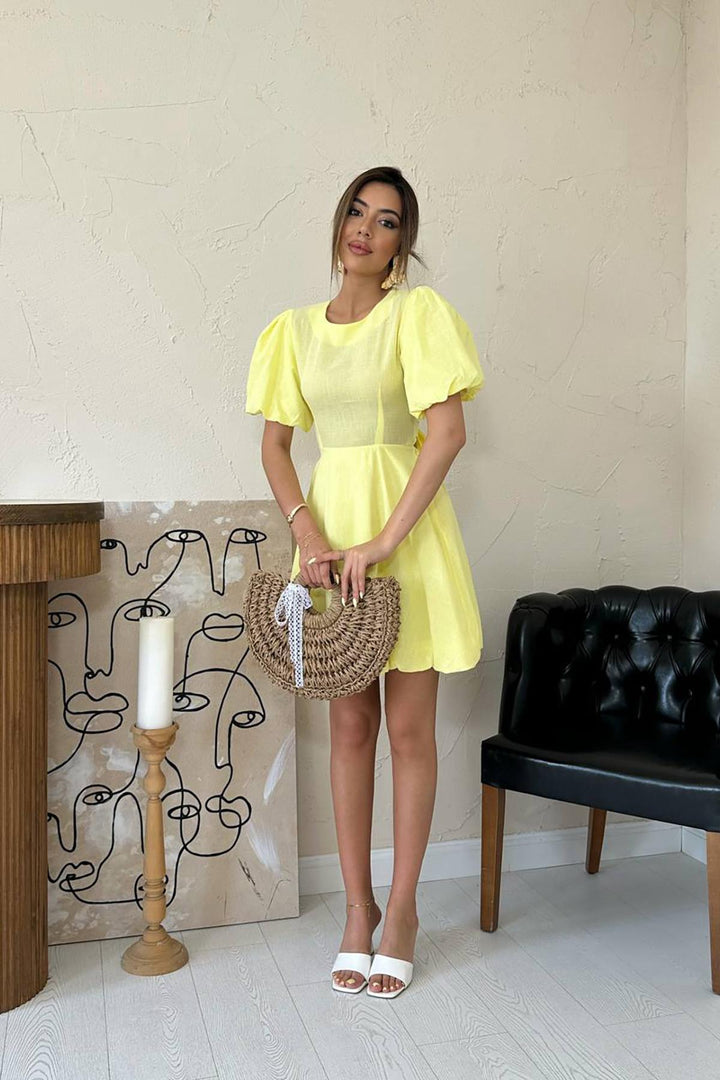 ELS Toptan Sarı Arkadan Bağlamalı Keten Elbise - Ciudad Benito Juárez