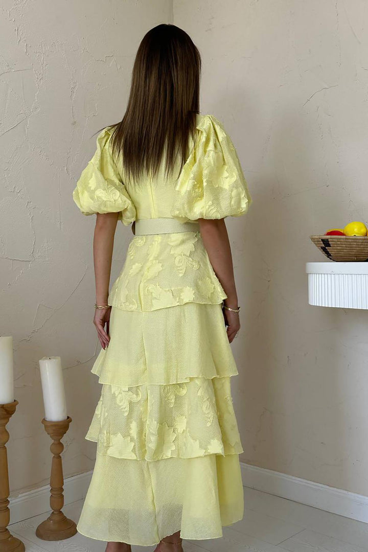 ELS Toptan Sarı Balon Kollu Kat Kat Elbise - Brindisi