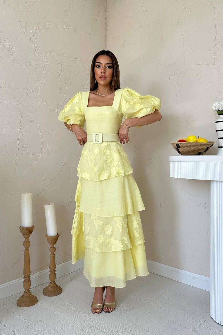 ELS Toptan Sarı Balon Kollu Kat Kat Elbise - Brindisi