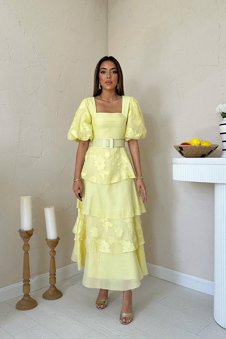 ELS Toptan Sarı Balon Kollu Kat Kat Elbise - Brindisi