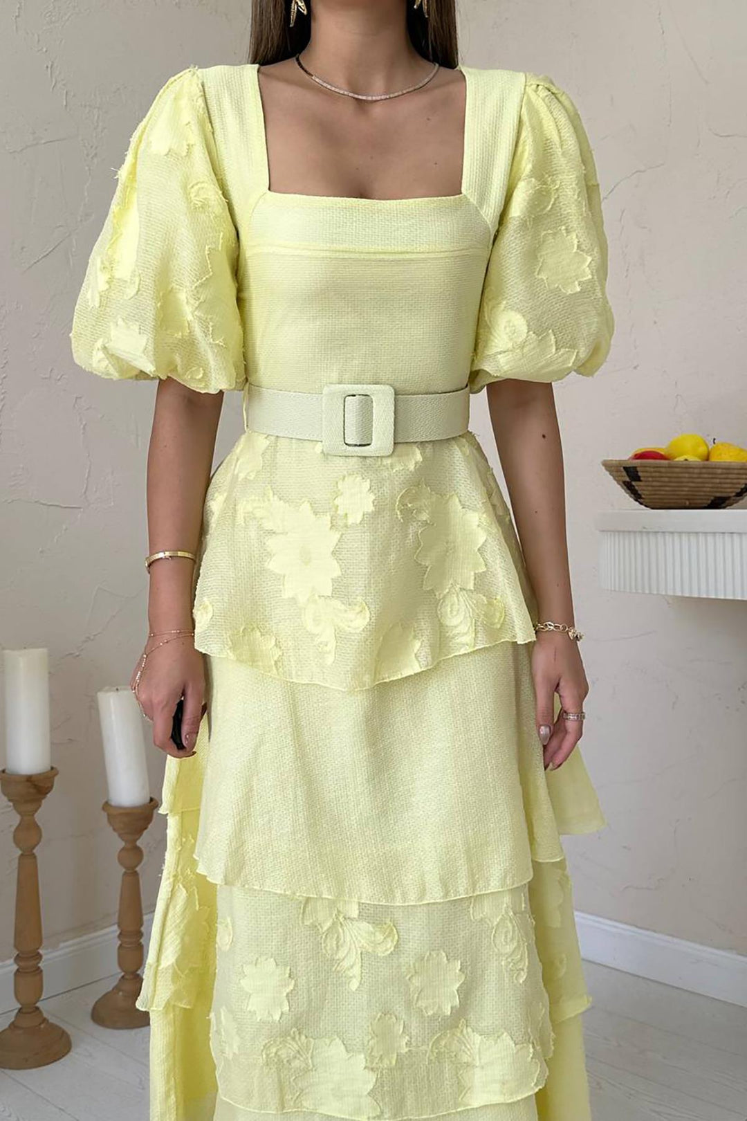 ELS Toptan Sarı Balon Kollu Kat Kat Elbise - Brindisi