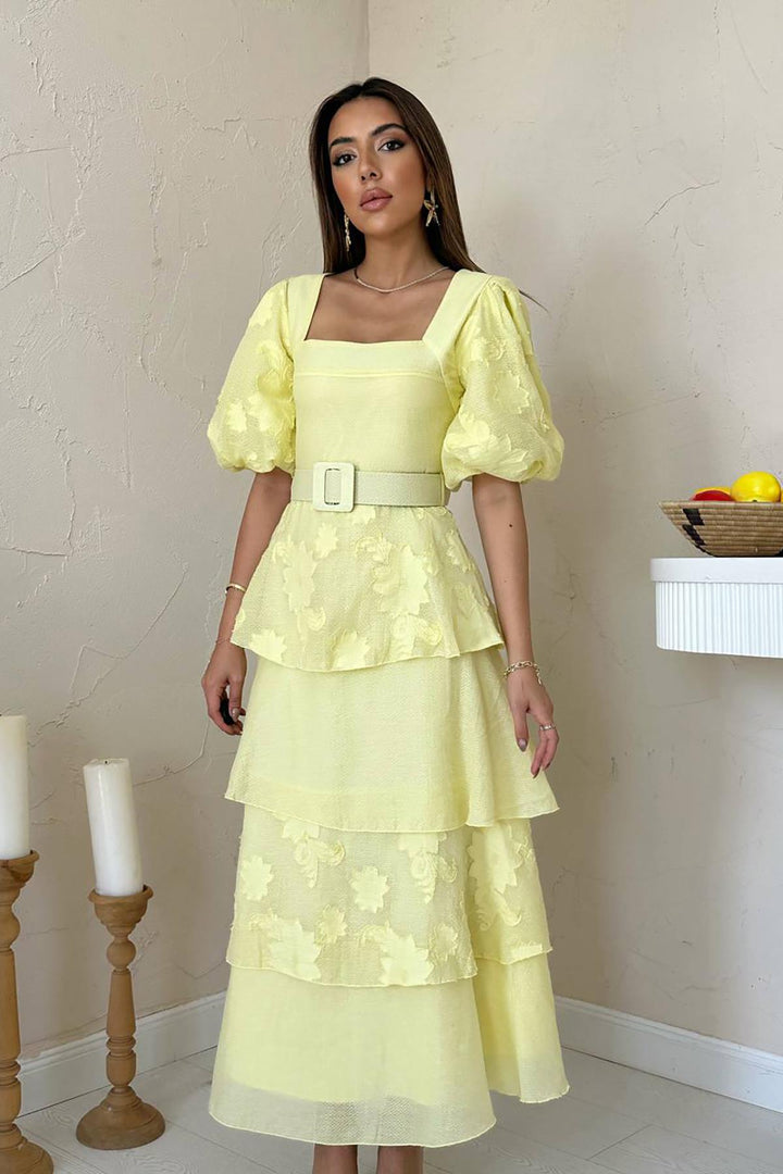 ELS Toptan Sarı Balon Kollu Kat Kat Elbise - Brindisi