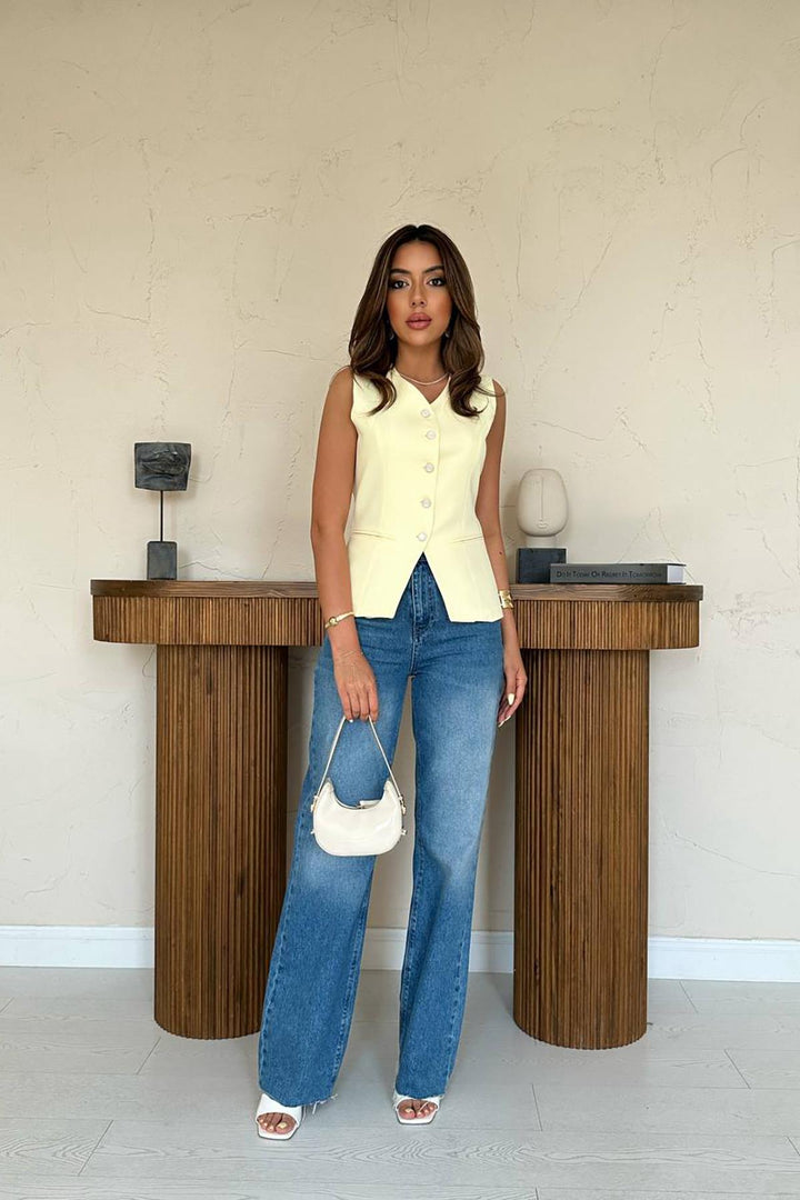 ELS Toptan Sarı Belden Oturtma Detaylı Düğmeli Yelek - Queen Creek