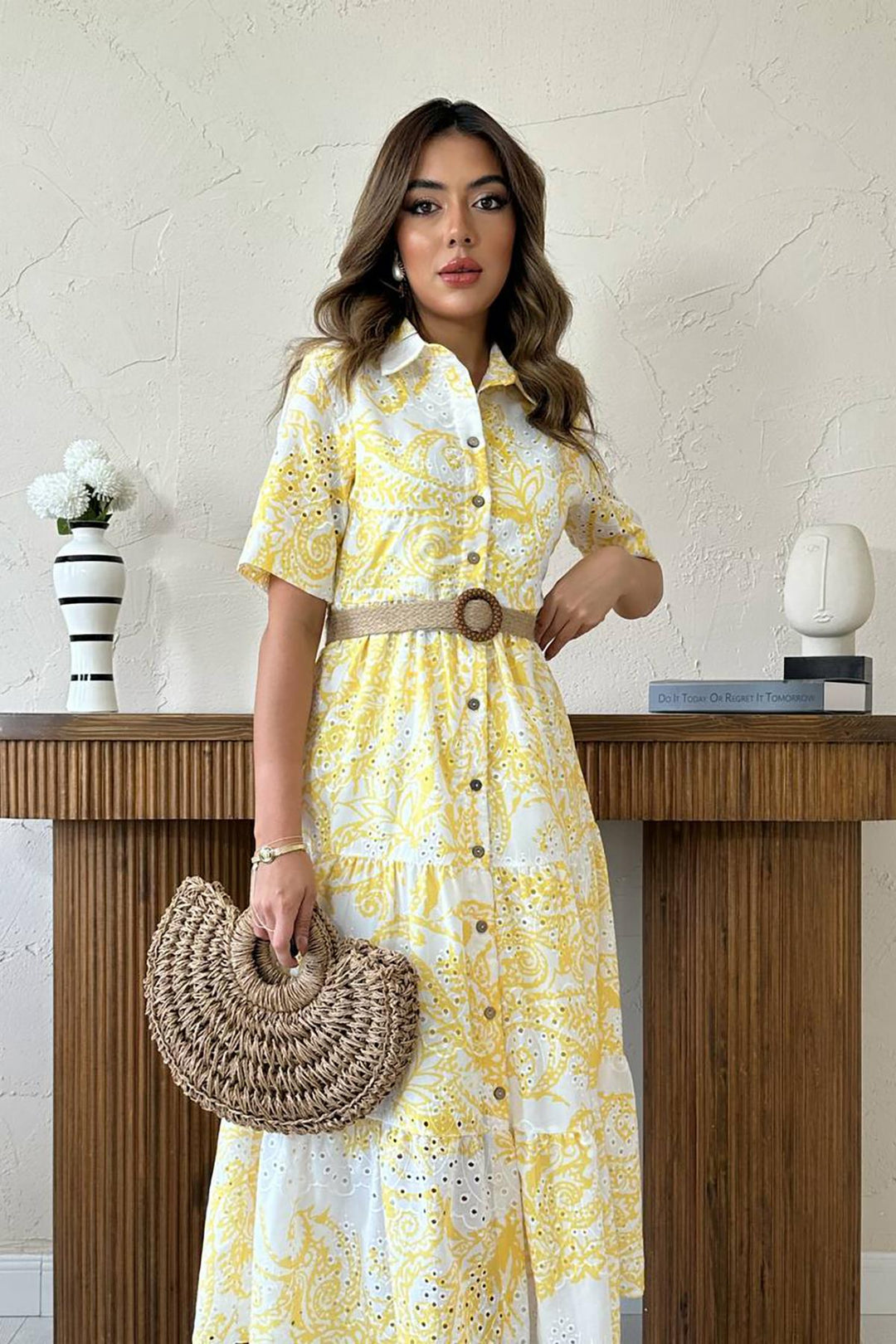 ELS Wholesale Yellow Brodeli Sleeve Lace-Up Dress - Pinotepa