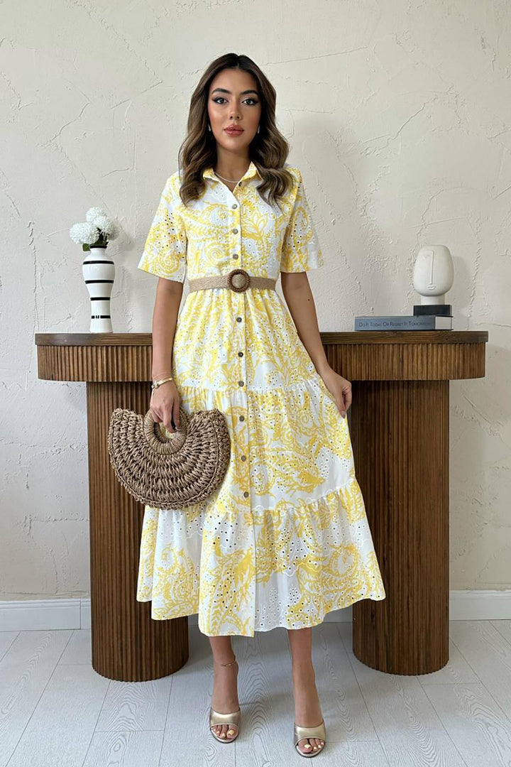 ELS Wholesale Yellow Brodeli Sleeve Lace-Up Dress - Pinotepa