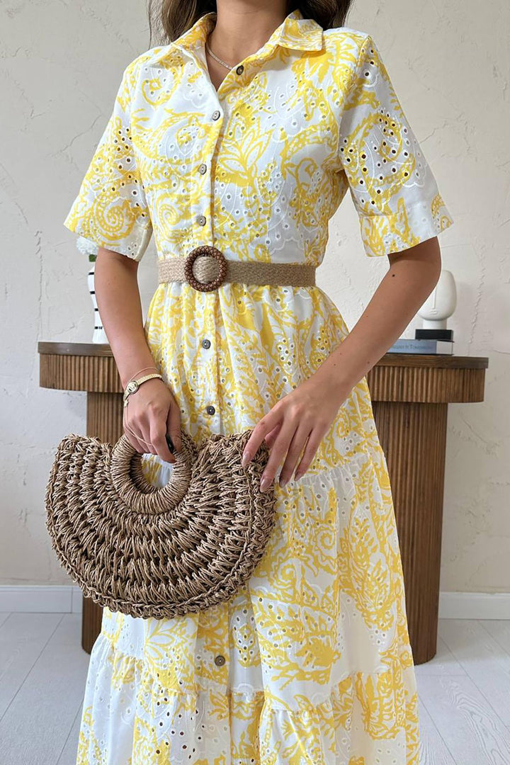 ELS Wholesale Yellow Brodeli Sleeve Lace-Up Dress - Pinotepa