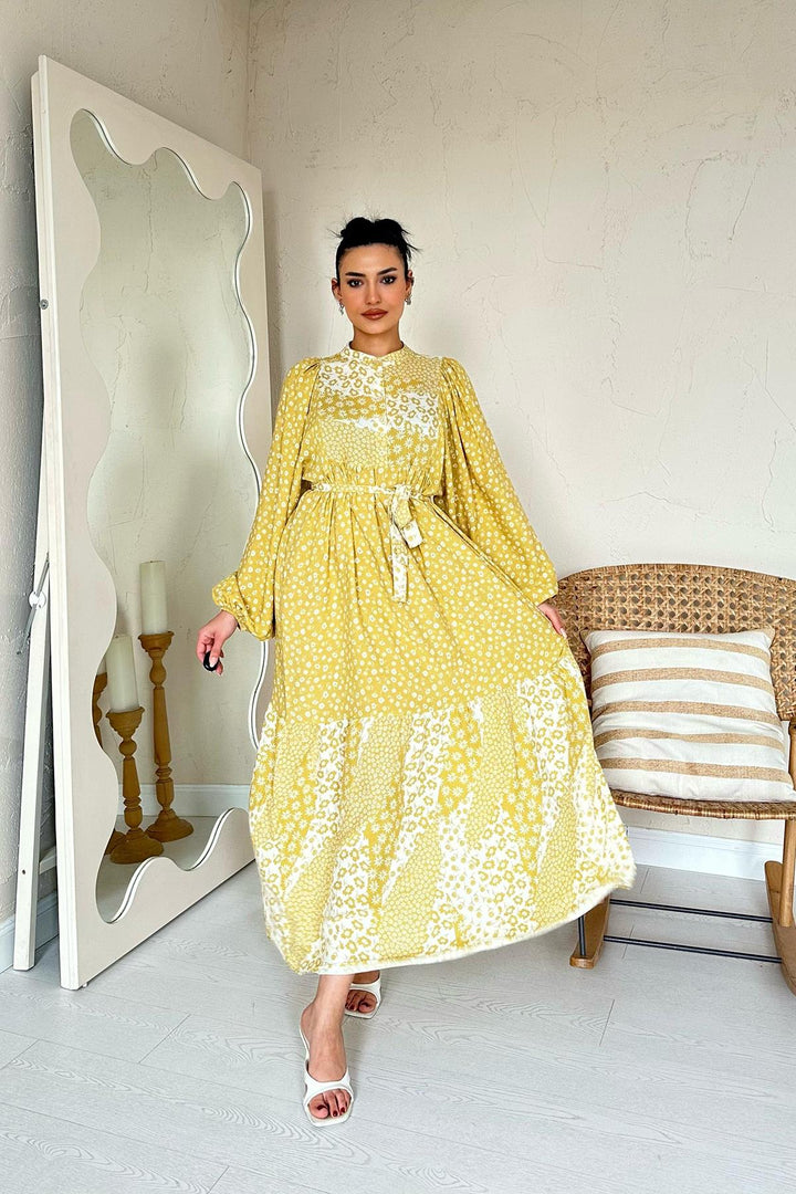 ELS Wholesale Yellow Flower Patterned Belted Mandarin Collar Dress - Coimbra