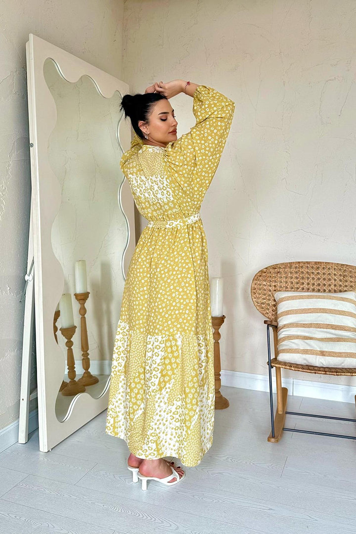 ELS Wholesale Yellow Flower Patterned Belted Mandarin Collar Dress - Coimbra