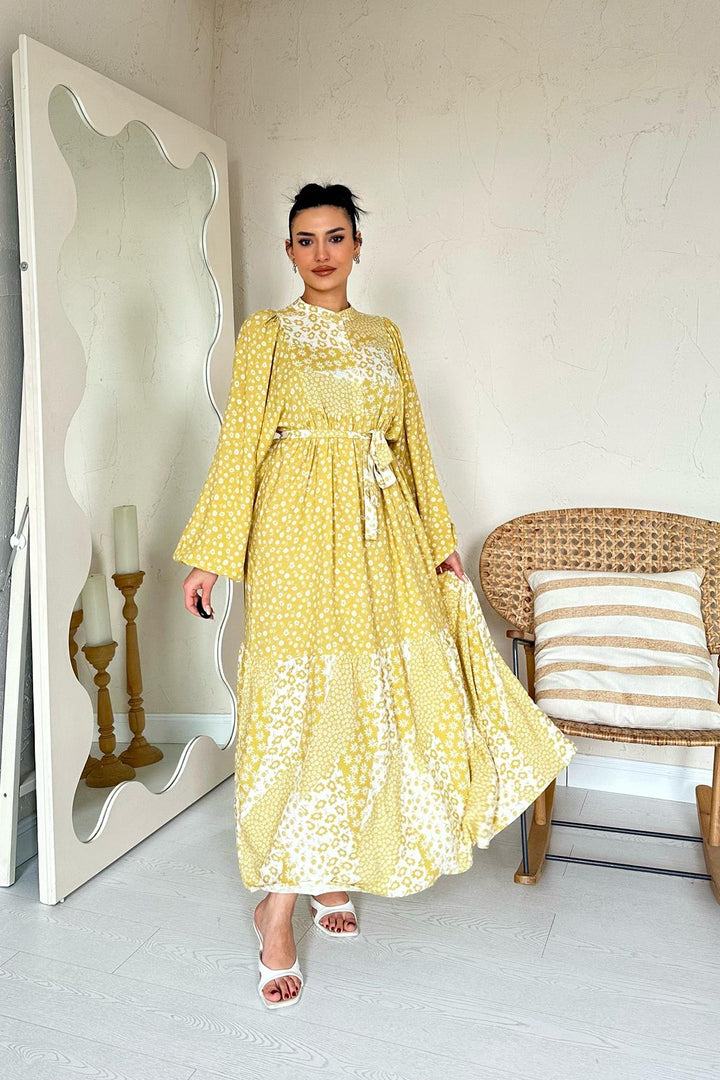 ELS Wholesale Yellow Flower Patterned Belted Mandarin Collar Dress - Coimbra