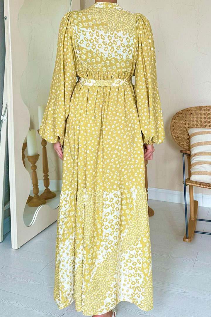 ELS Wholesale Yellow Flower Patterned Belted Mandarin Collar Dress - Coimbra