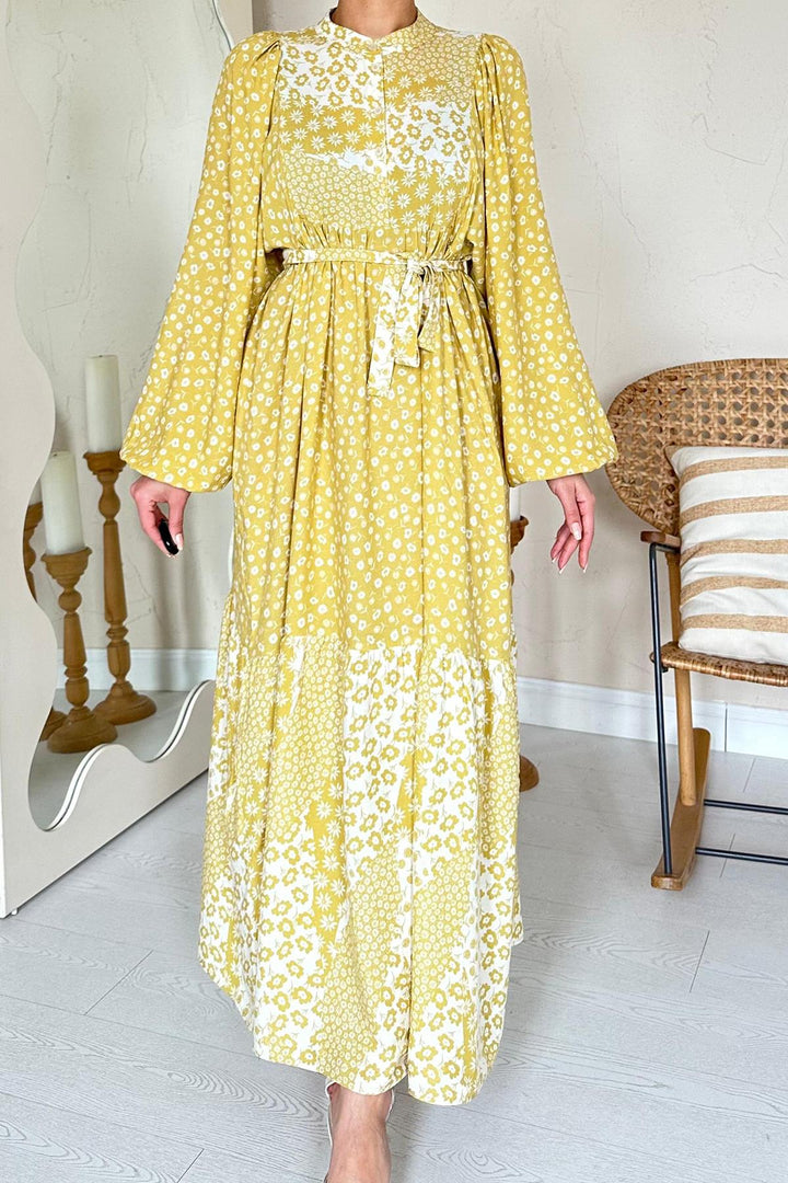 ELS Wholesale Yellow Flower Patterned Belted Mandarin Collar Dress - Coimbra