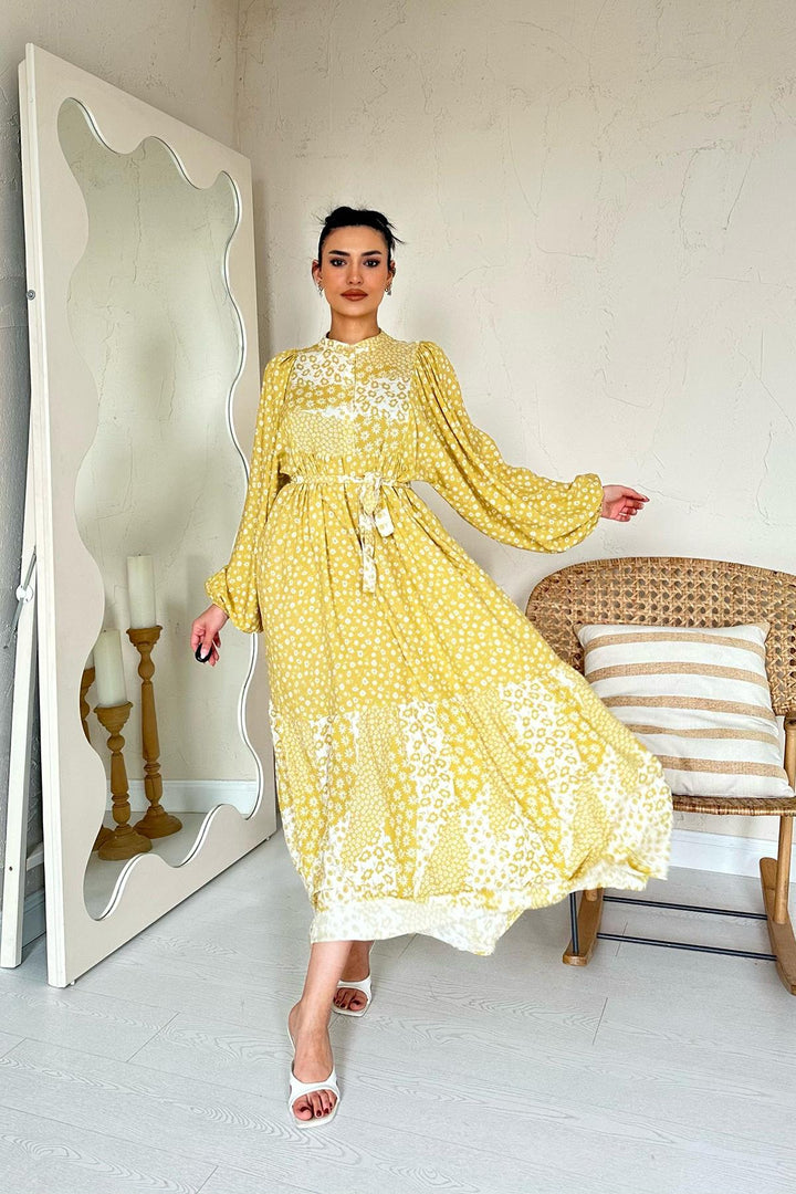 ELS Wholesale Yellow Flower Patterned Belted Mandarin Collar Dress - Coimbra