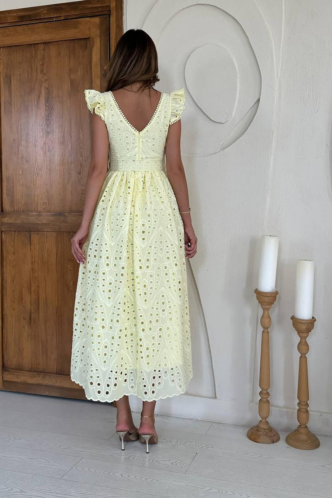 ELS Toptan Sarı Dantelli Brode Elbise - Napa