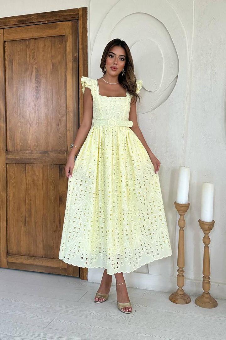 ELS Toptan Sarı Dantelli Brode Elbise - Napa