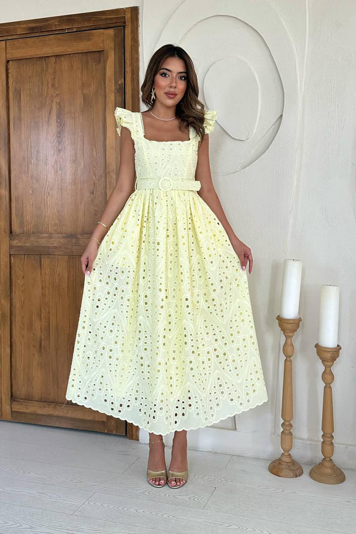 ELS Toptan Sarı Dantelli Brode Elbise - Napa