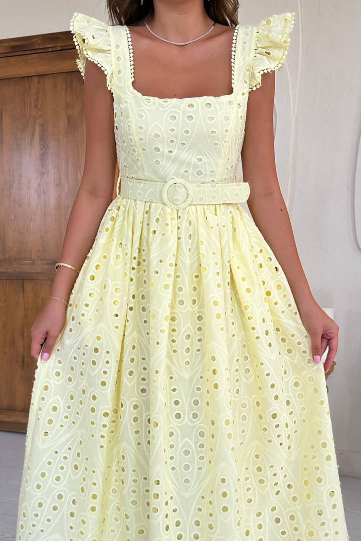 ELS Toptan Sarı Dantelli Brode Elbise - Napa