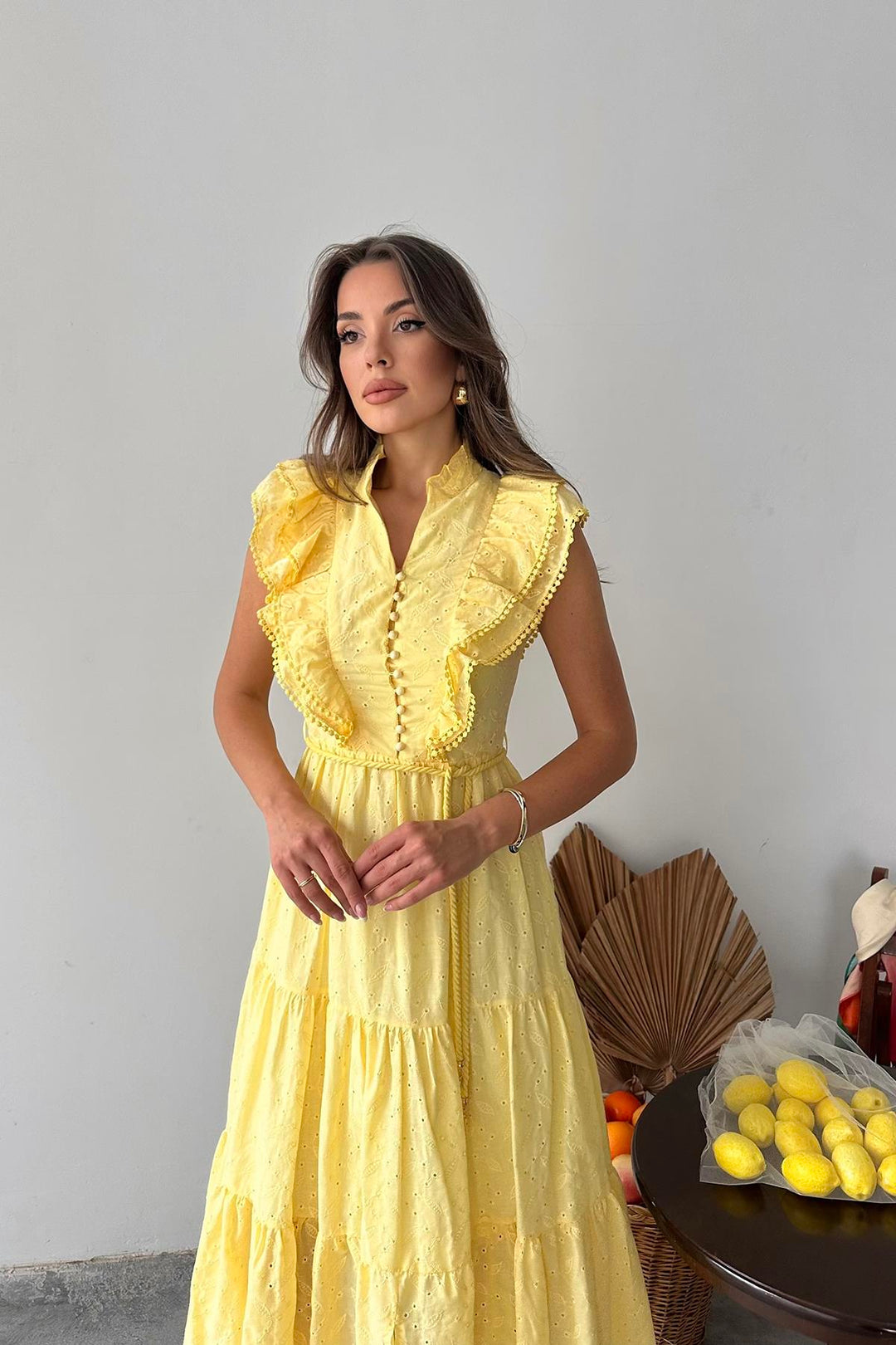 ELS Wholesale Yellow Ruffled Buttoned Dress - Herten