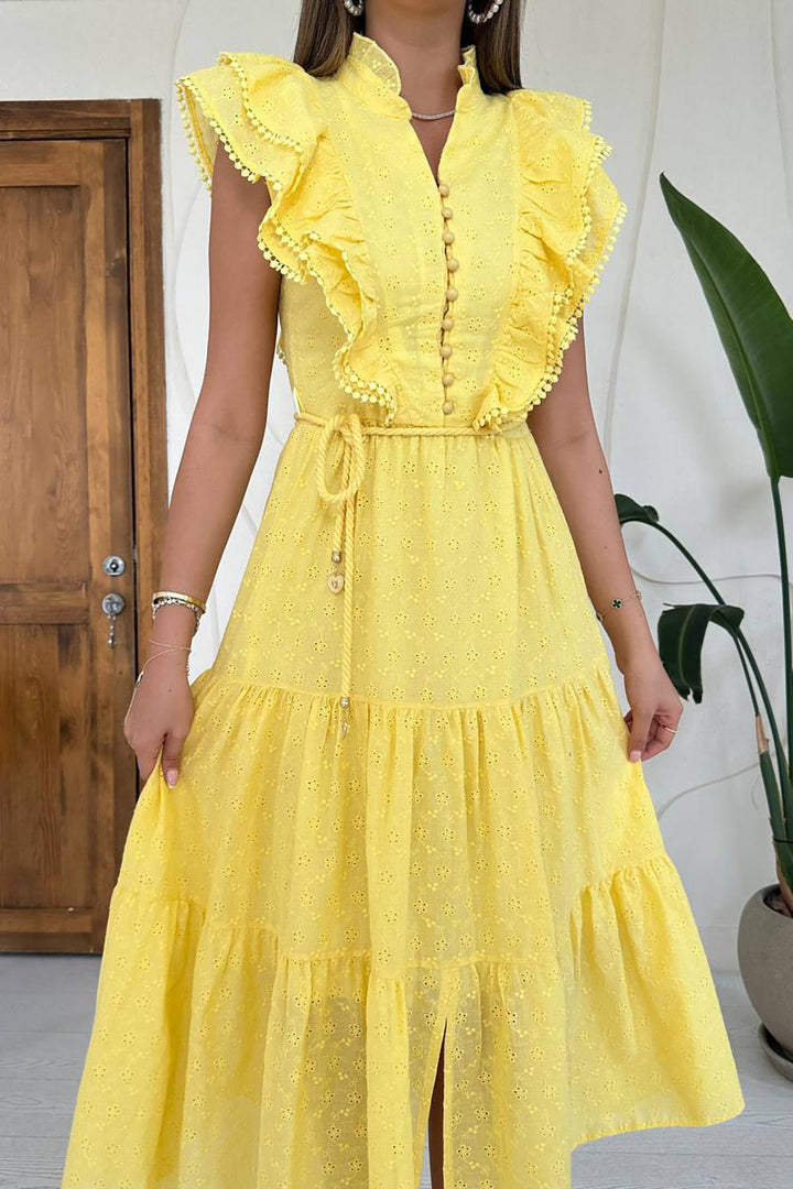 ELS Toptan Sarı Fırfırlı Düğmeli Elbise - Princeton