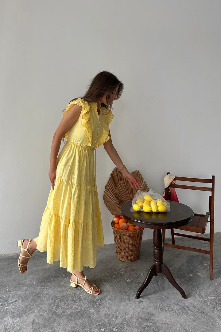 ELS Wholesale Yellow Ruffled Buttoned Dress - Herten