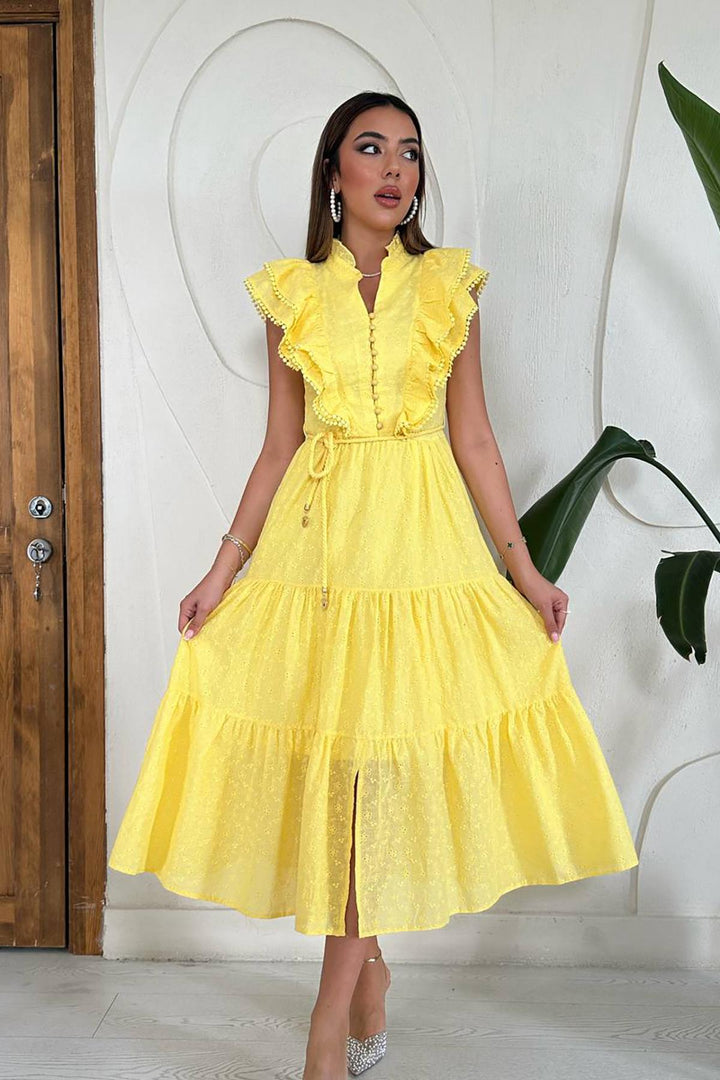 ELS Toptan Sarı Fırfırlı Düğmeli Elbise - Princeton