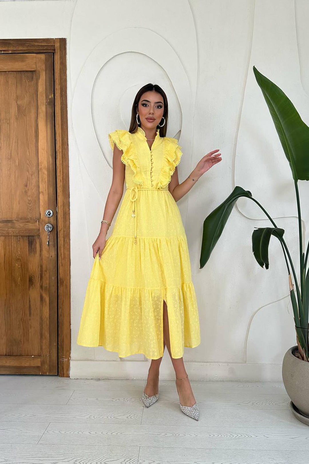 ELS Toptan Sarı Fırfırlı Düğmeli Elbise - Princeton