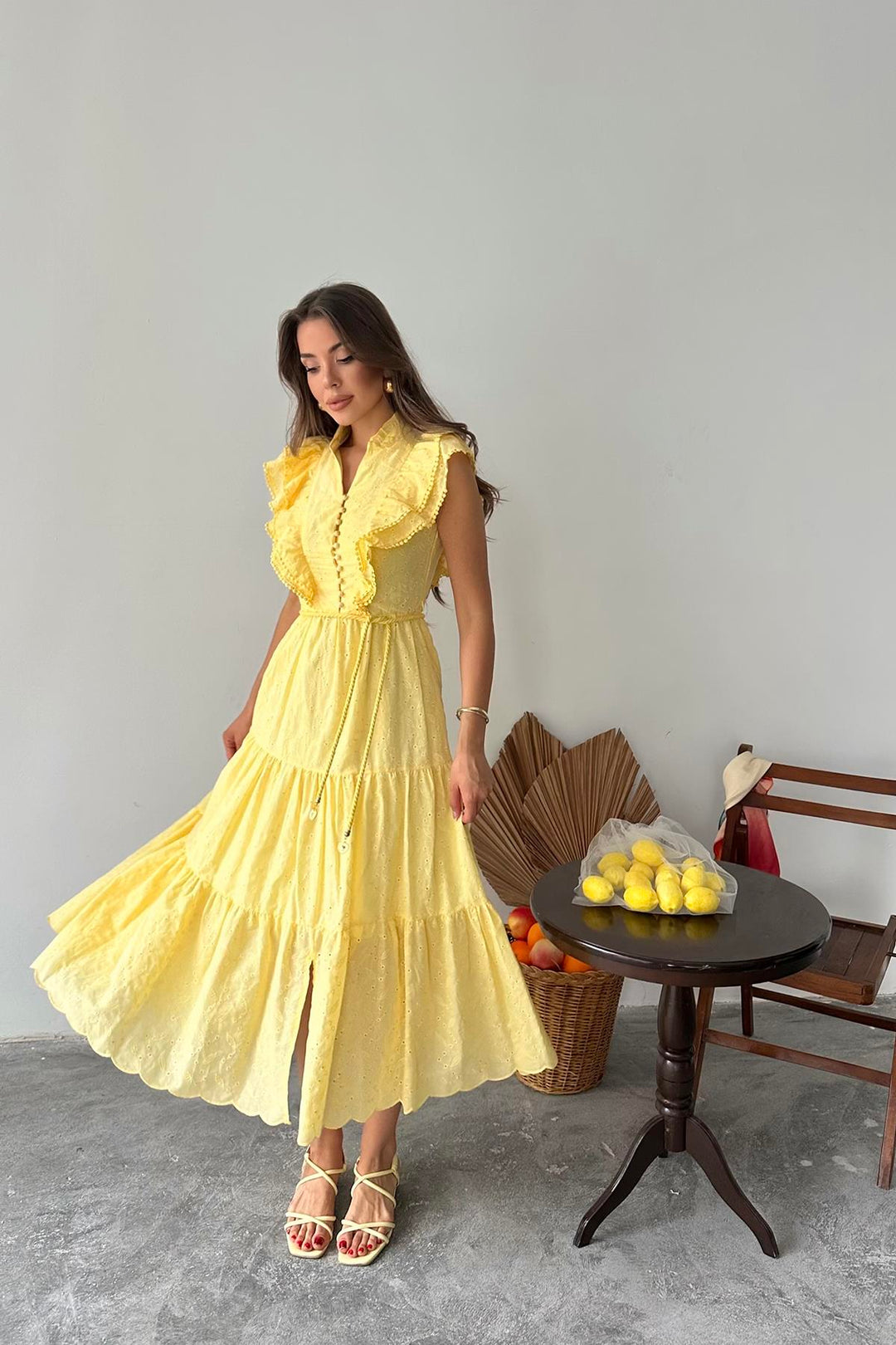 ELS Wholesale Yellow Ruffled Buttoned Dress - Herten