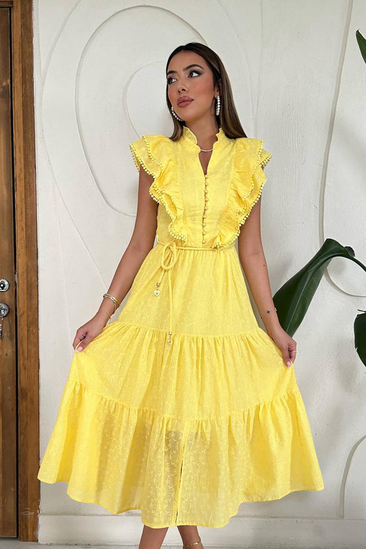 ELS Toptan Sarı Fırfırlı Düğmeli Elbise - Princeton
