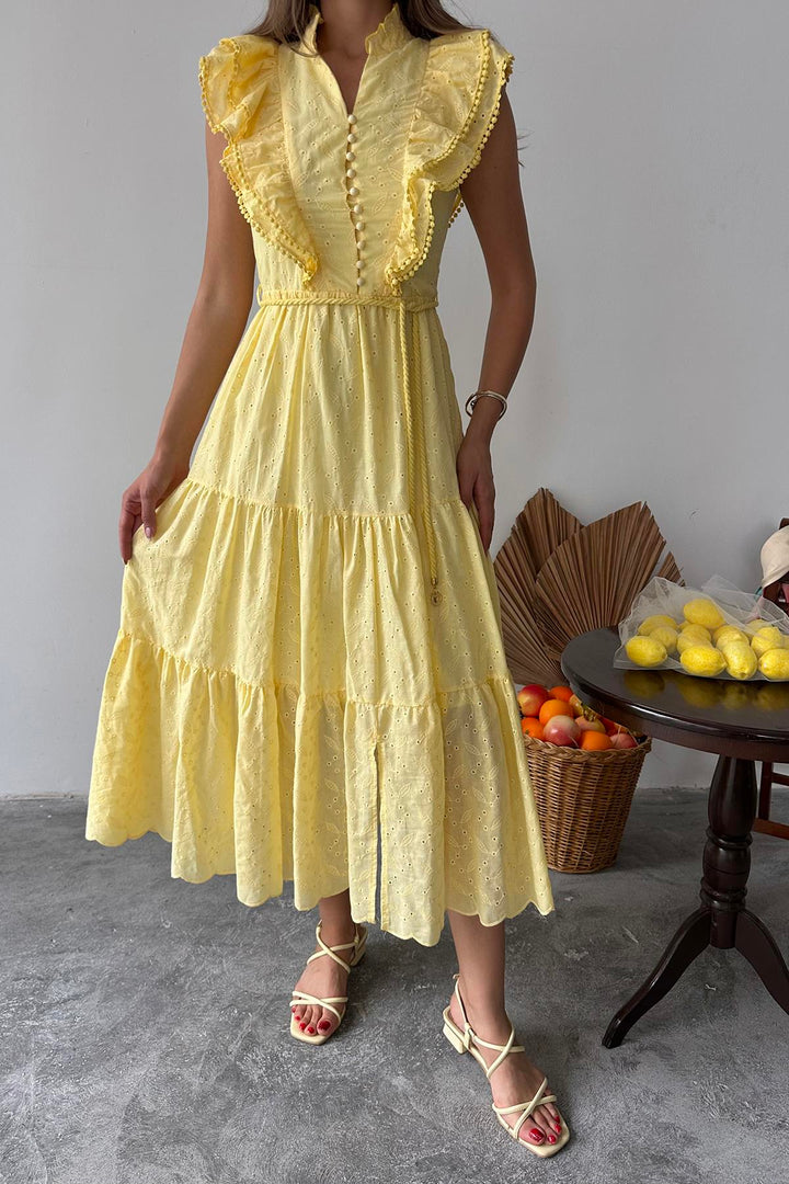 ELS Wholesale Yellow Ruffled Buttoned Dress - Herten