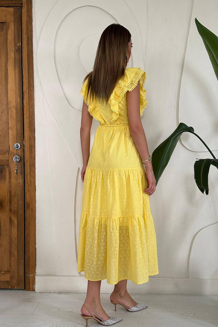 ELS Toptan Sarı Fırfırlı Düğmeli Elbise - Princeton