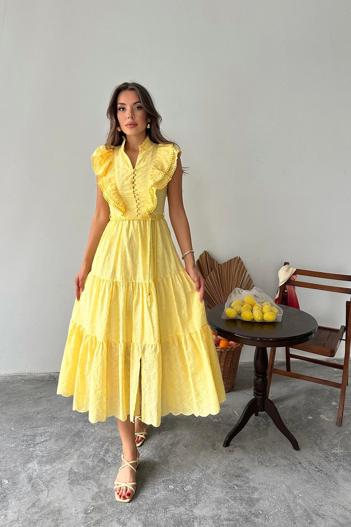 ELS Wholesale Yellow Ruffled Buttoned Dress - Herten