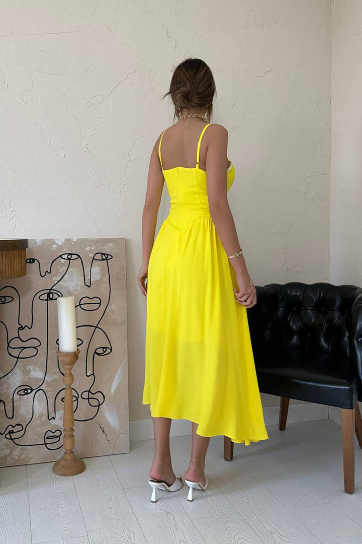 ELS Toptan Sarı Göğüs Kuplu Uzun Büzgülü Elbise - Hrodna