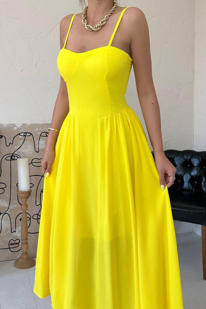 ELS Toptan Sarı Göğüs Kuplu Uzun Büzgülü Elbise - Hrodna