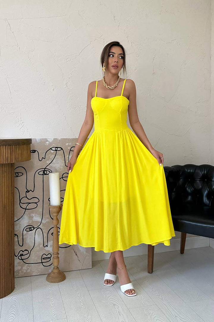 ELS Toptan Sarı Göğüs Kuplu Uzun Büzgülü Elbise - Hrodna