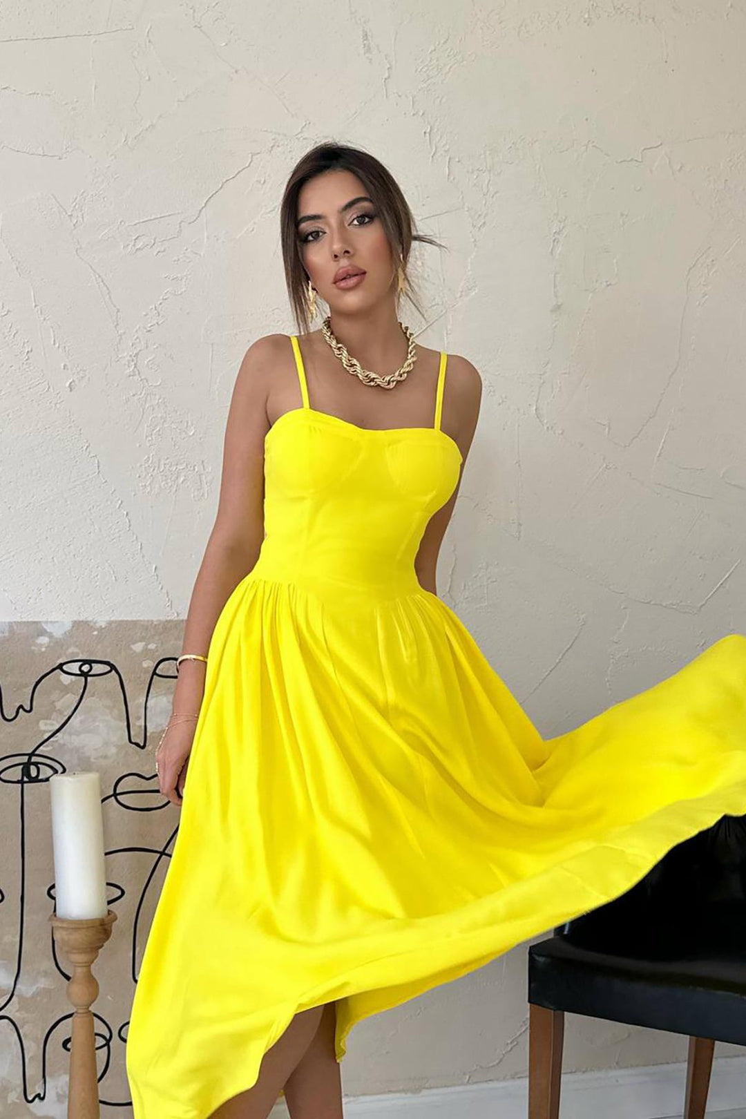 ELS Toptan Sarı Göğüs Kuplu Uzun Büzgülü Elbise - Hrodna