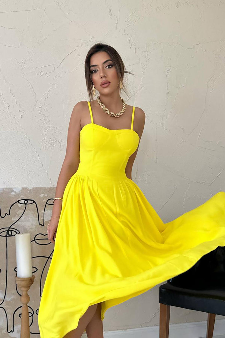 ELS Toptan Sarı Göğüs Kuplu Uzun Büzgülü Elbise - Hrodna