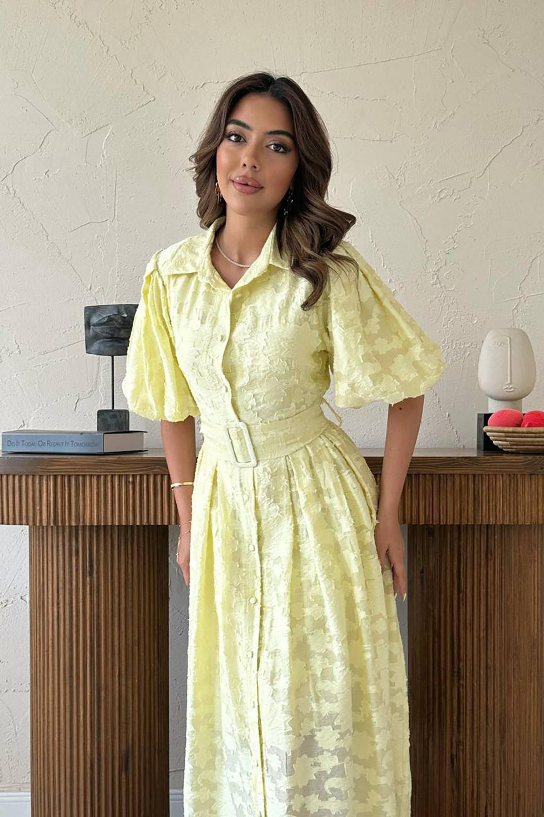 ELS Wholesale Yellow Belted Balloon Sleeve Dress - Central Coast